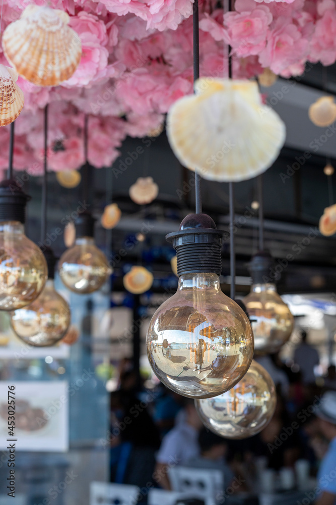 Hanging decorative lamp and seashells and flowers in the background.