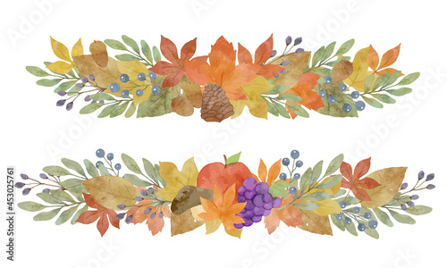 水彩風　紅葉と落ち葉、木の実の秋イラスト素材　セット