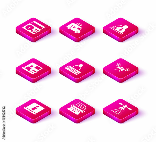 Set Information, Retro typewriter, World news, Journalist, Satellite, Drone, Breaking and TV News car icon. Vector