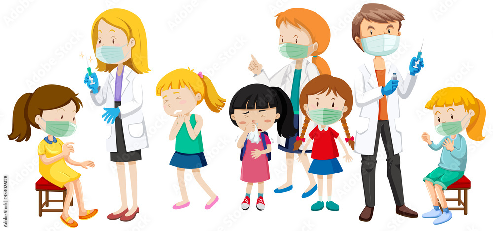 Many patient kids and doctors cartoon character on white background Many patient kids and doctors cartoon character on white background
