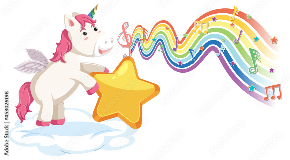Obraz premium Unicorn standing on the cloud with melody symbols on rainbow wave