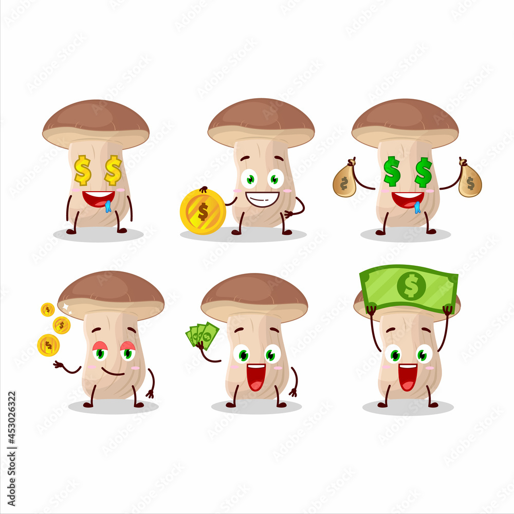Brown cap boletus cartoon character with cute emoticon bring money Brown cap boletus cartoon character with cute emoticon bring money