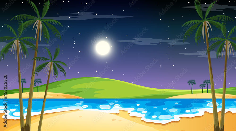 Beach at night time landscape scene with palm tree