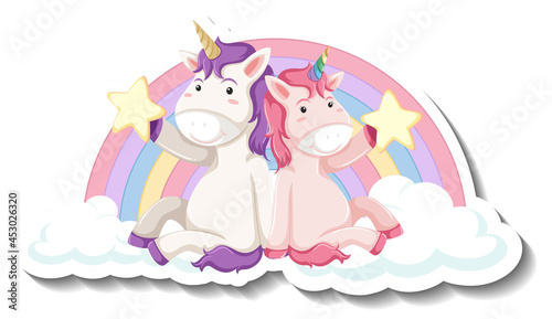 Cute unicorns siting on the cloud cartoon sticker