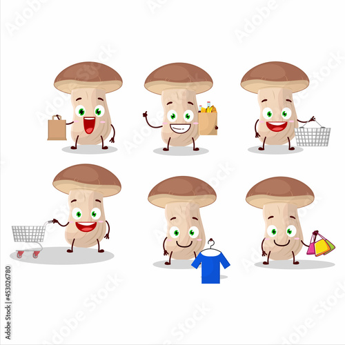 A Rich brown cap boletus mascot design style going shopping