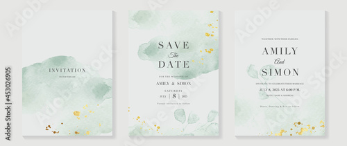 Luxury wedding invitation card background  with golden line art flower and botanical leaves, Organic shapes, Watercolor. Abstract art background vector design for wedding and vip cover template.
