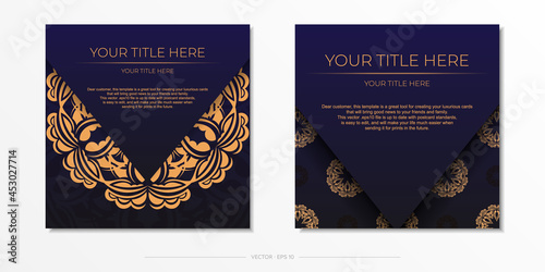 Stylish Ready-to-Print purple postcard design with luxurious Greek ornaments. Invitation card template with vintage patterns.