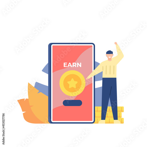 e-payment concept, loyalty program, collect points, earn rewards. illustration of people trying to get coins from smartphone. money making app concept. flat cartoon style. vector design