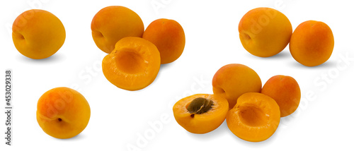 A set of ripe and juicy apricots isolated on a white background.Fresh and bright fruits on a white background.Use for labels of posters and web design.