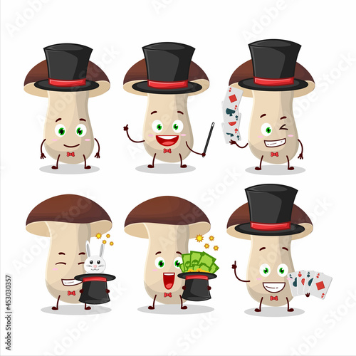 A porcini Magician cartoon character perform on a stage