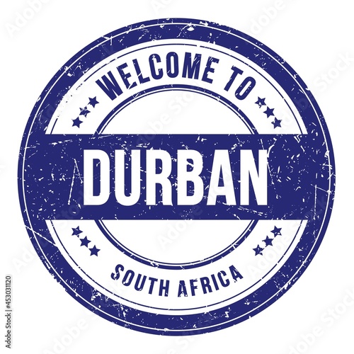 WELCOME TO DURBAN - SOUTH AFRICA, words written on blue stamp