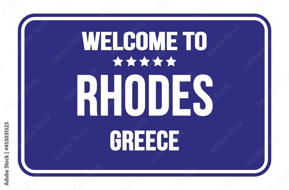 WELCOME TO RHODES - GREECE, words written on dark blue street sign stamp