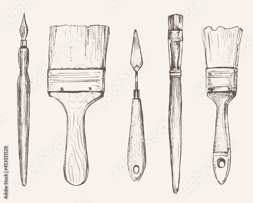 painting brushes set, palette knife and ink pen sketch drawing on white. arts and creativity objects set