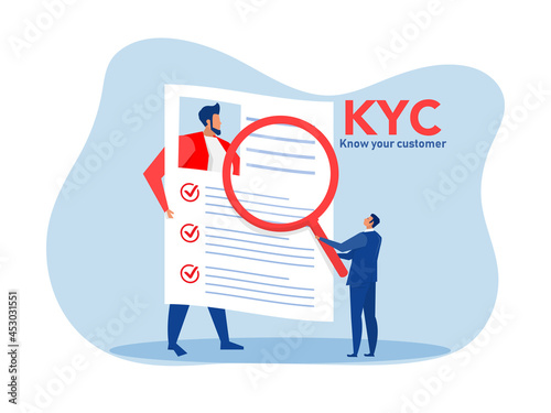 KYC or know your customer with business verifying the identity of its clients concept at the partners-to-be through a magnifying glass vector illustrator