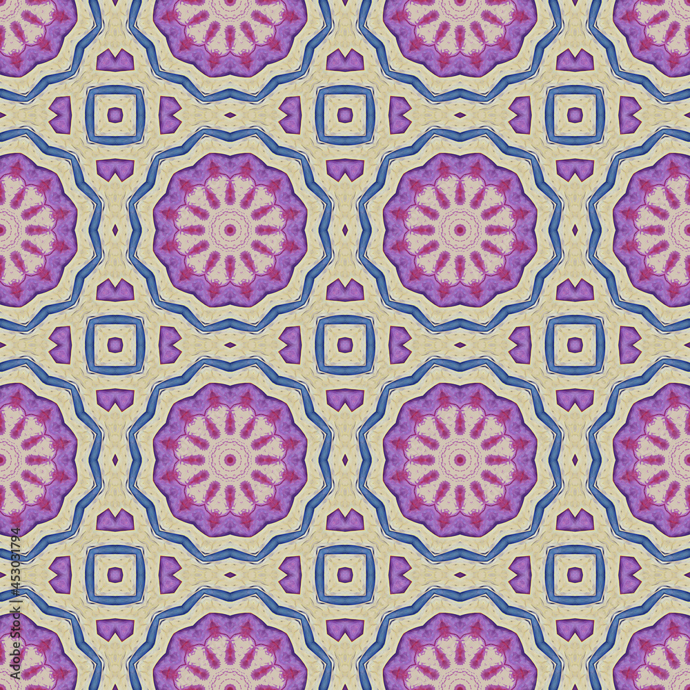 Abstract geometric mosaic seamless pattern. Kaleidoscopic background for trendy textiles. Design for fabric, wallpaper, paper, cover, weaving, packaging, tiles, ceramics.