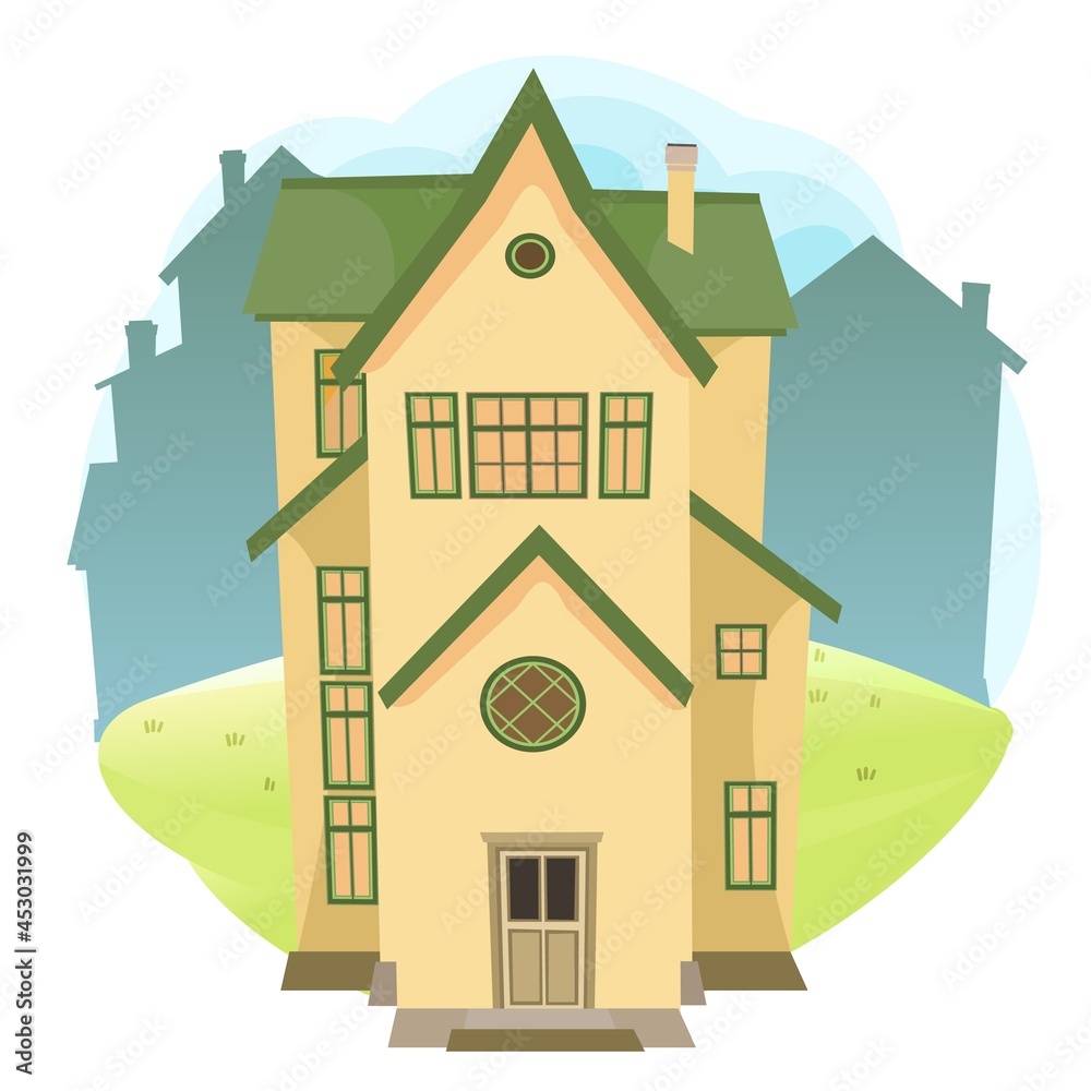 Cartoon house in the meadow. City silhouette. Beautiful view. Cozy rustic dwelling in a traditional European style. Rural landscape. Nice funny home. Isolated on white background. Vector Cartoon house in the meadow. City silhouette. Beautiful view. Cozy rustic dwelling in a traditional European style. Rural landscape. Nice funny home. Isolated on white background. Vector
