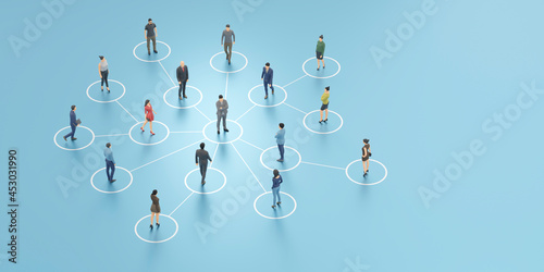 Valokuva ネットワークで繋がるビジネスパーソン / チームマネジメント・多様なコミュニティ・ネットワークとリモートワークのコンセプトイメージ / 3Dレンダリンググラフィ