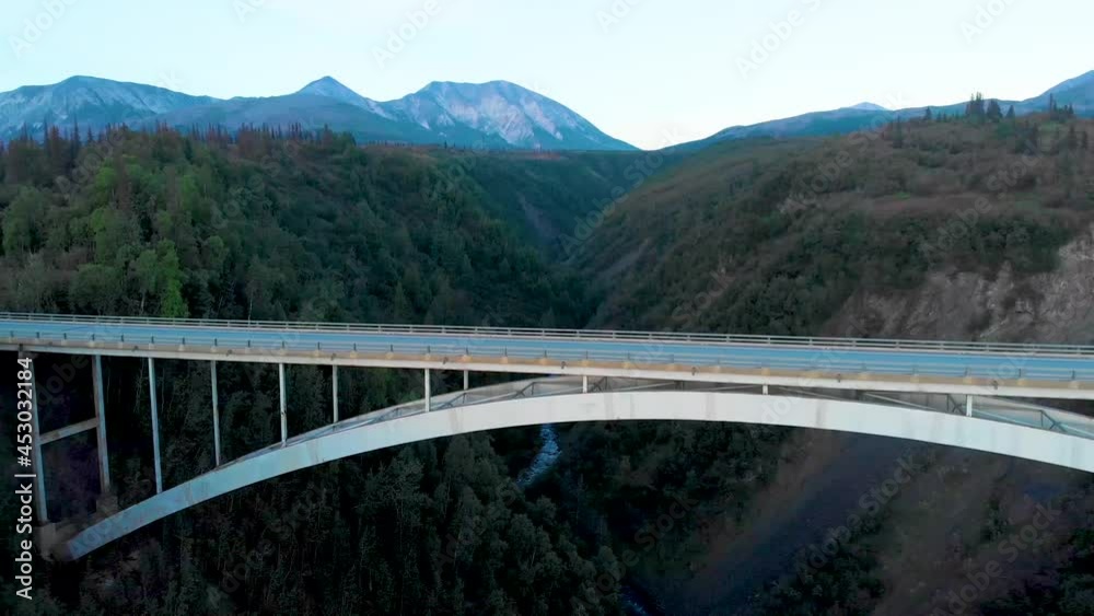 4K Drone Video of Steel Arch Bridge Structure over Hurricane Gulch Bridge on George Parks Highway Alaska Route 3 Near Denali State Park 4K Drone Video of Steel Arch Bridge Structure over Hurricane Gulch Bridge on George Parks Highway Alaska Route 3 Near Denali State Park