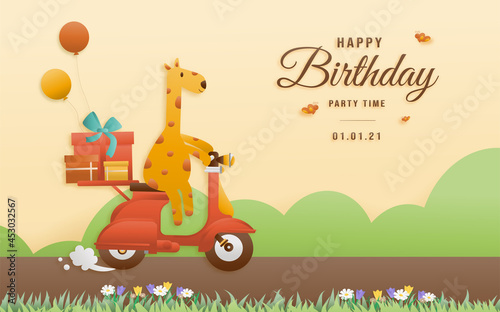 Cute giraffe on a scooter with gift box and balloon. jungle animals celebrate birthdays and template invitation paper cut and papercraft style vector illustration. Theme happy birthday.