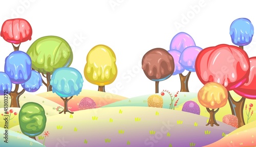 Candy background. Cartoon sweet land. Beads of jelly, ice cream and caramel. Chocolate. Cute childrens fairy landscape. Isolated fantastic illustration. Vector