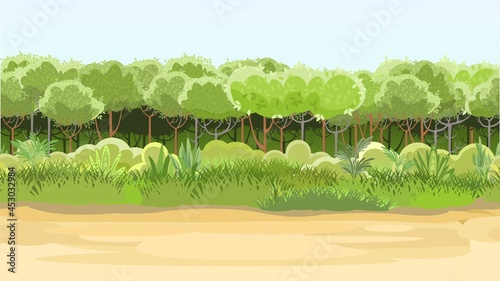 Sandy road at the edge of the forest. Herbaceous green thickets and bushes. Beautiful and graceful landscape. Flat style. Cartoon design. Vector
