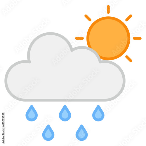 Sun with cloud and raindrops, icon of sunny rainy day