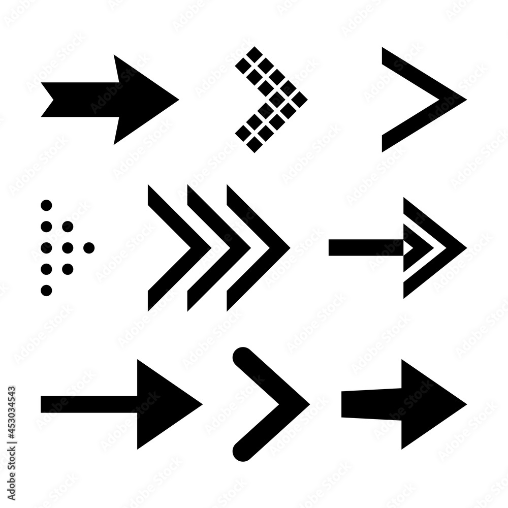 Icon Set of Flat Arrows. Isolated Black Arrow Icon Collection for Back and Next User Interface Icons. Different Shape Concept for Previous or Forward Minimal Web Buttons