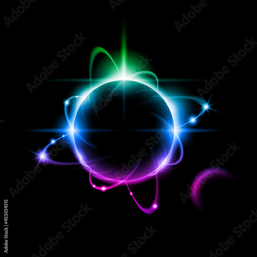 Space and Science Concept of Atom Icon. Luminous Nuclear Model on Black Background. Glowing Energy Balls. Trace Atoms and Electrons. Nuclear Reaction Element