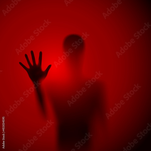 Shadow Blur of Horror Man Behind the Matte Glass. Blurry Hand, Body Figure Abstraction, and One Palms. The Reflection of the Silhouette Through the Light. Illustration on Red Background