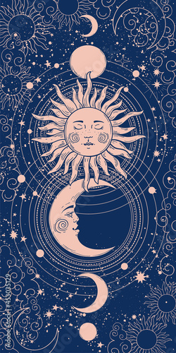Mystical vertical banner with sun, moon and crescent, tarot card background, astrology magic illustration. Golden sun with closed eyes on a blue space background with stars. Vector engraving.
