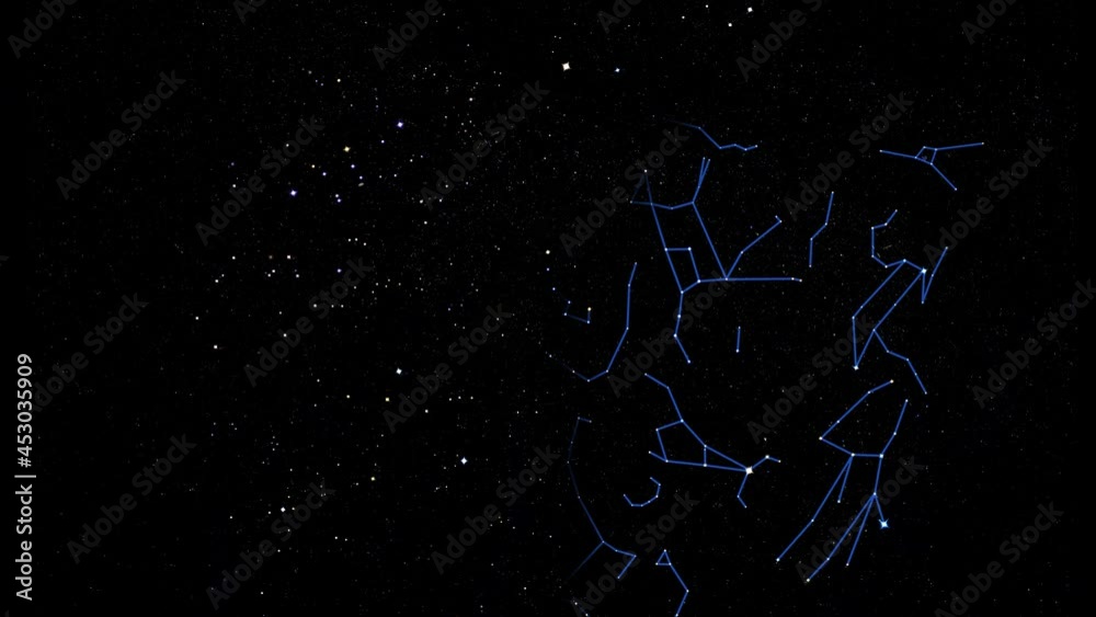 Celestial map of 30 zodiac signs appearing in the starry sky. 4K loopable motion footage. Celestial map of 30 zodiac signs appearing in the starry sky. 4K loopable motion footage.