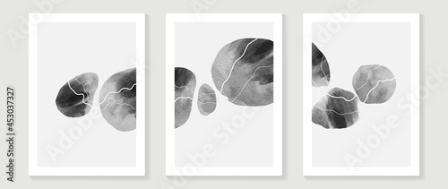 Black and white abstract arts wall art vector set. Stones art with watercolor brush stroke, ink painted in minimal style. Home decoration wallpaper.