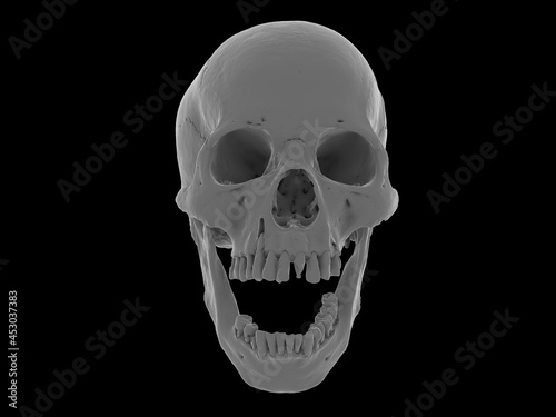 Human skull in fullface a black background. Concept art, death, horror for print, poster. Symbol of spooky Halloween, immortal, pirate. 3d rendering illustration. Graphic Design