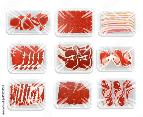 Meat packaging illustration. Plastic tray of minced meat, steaks, ham, bacon of pork, beef and lamb. Products on the counter of the butcher store. Vector.