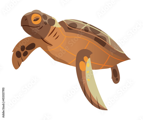 Brown Sea Turtle as Marine Reptile with Hard Shell and Flipper Vector Illustration