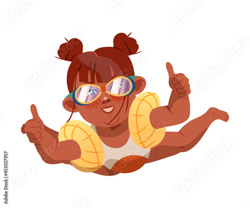 Happy Little Girl Character in Swimsuit and Goggles Swimming in Sea Water with Armbands Vector Illustration