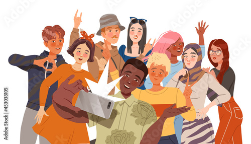 Young People Characters Taking Selfie Together Smiling for the Camera and Showing Gesture Vector Illustration