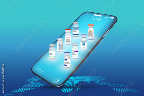 Coronavirus Vaccine on Mobile Application , Covid-19 vaccine Online on Website or smartphone as protection, healthcare concept, Vector illustration.