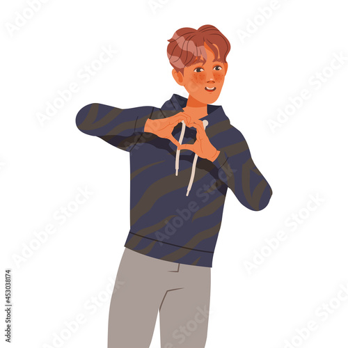 Young Man Character Posing for Selfie Smiling for the Camera and Showing Heart Hand Gesture Vector Illustration