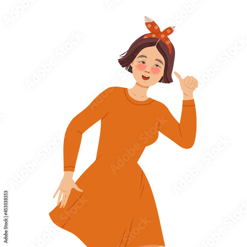 Young Freckled Woman Character Posing for Selfie Smiling for the Camera and Showing Thumb Up Vector Illustration