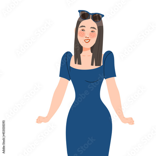 Young Woman Character with Sunglasses on Head Posing for Selfie Smiling for the Camera Vector Illustration