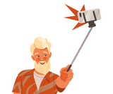 Young Bearded Man Character Holding Smartphone with Stick Taking Selfie Smiling for the Camera Vector Illustration