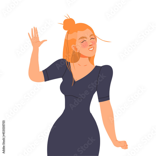 Young Redhead Woman Posing for Selfie Smiling for the Camera and Waving Hand Vector Illustration