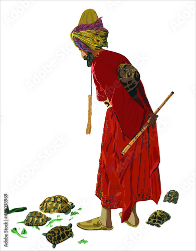 The Tortoise Trainer painting, by Osman Hamdi Bey, a famous paint from the 19th century Ottoman period. Vector illustration.