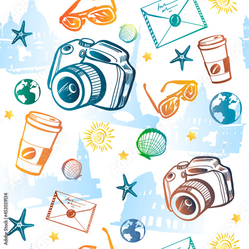 Illustration
 seamless pattern with such items for travel, a pattern of silhouettes of the camera, coffee, sun, seashells. Vector illustration isolated on white back Web