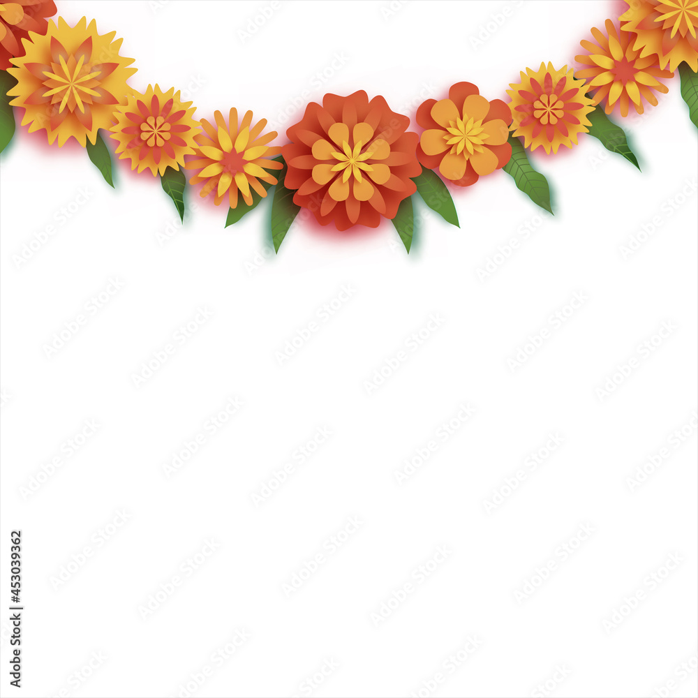 Obraz premium Marigold. Green Leaf Garland. Yellow Orange Paper Cut Flower. Indian Festival Flower and Mango leaf. Happy Diwali, Dasara, Dussehra, Ugadi. Decorative Elements for Indian Celebration.