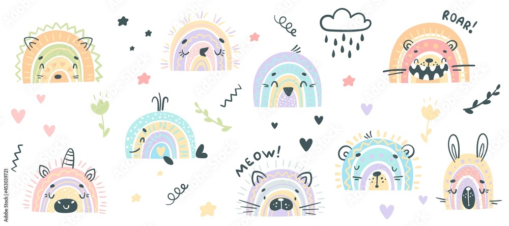 Cute Rainbow Animal for Childish Nursery Decor Vector Set Cute Rainbow Animal for Childish Nursery Decor Vector Set