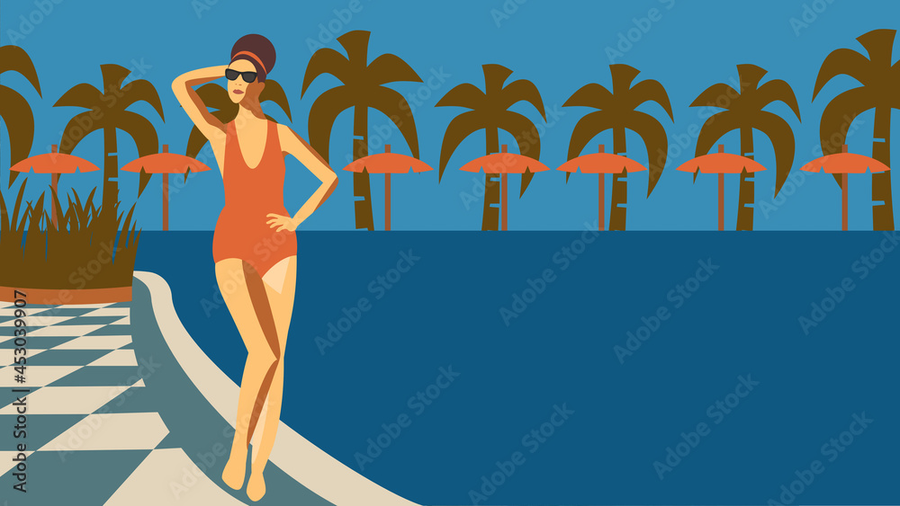 Woman in bathing suit poses for photo at poolside