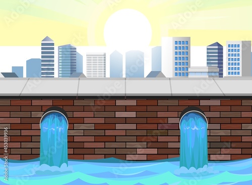 Sewage discharge. Water treatment facilities. Eco-protective structure. City pipeline. Drainage of dirty liquid or preparation of filtered and purified one. Illustration vector