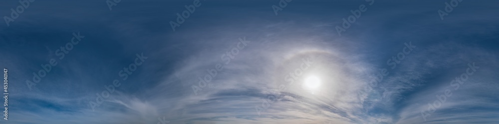 Blue sky panorama with Cirrus clouds. Seamless hdr 360 degree pano in spherical equirectangular format. Complete zenith for 3D visualization, game and sky replacement for aerial drone 360 panoramas. Blue sky panorama with Cirrus clouds. Seamless hdr 360 degree pano in spherical equirectangular format. Complete zenith for 3D visualization, game and sky replacement for aerial drone 360 panoramas.